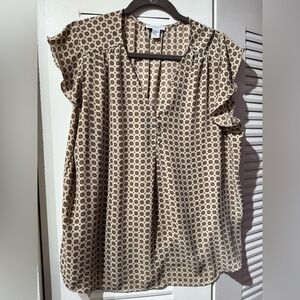 Carolina Belle Cream and Brown Printed V-Neck Flutter Sleeve Tunic